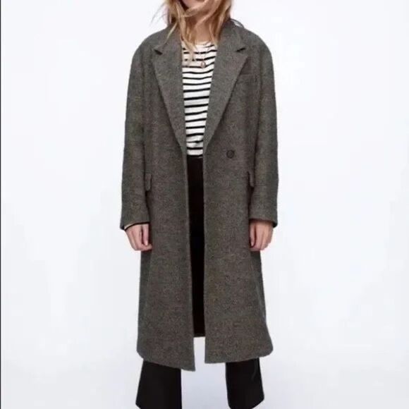 ZARA Tweed Boucle Wool Blend Oversized Coat Size Medium Grey Longline - Picture 1 of 12